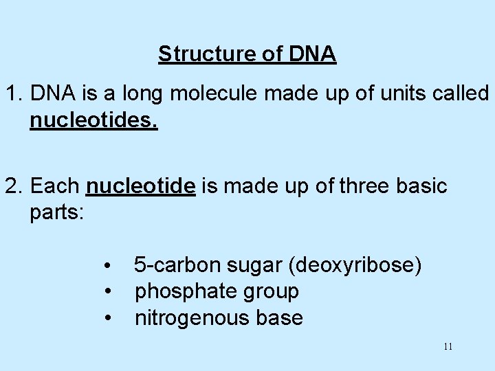 Structure of DNA 1. DNA is a long molecule made up of units called