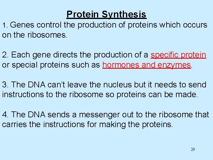 Protein Synthesis 1. Genes control the production of proteins which occurs on the ribosomes.