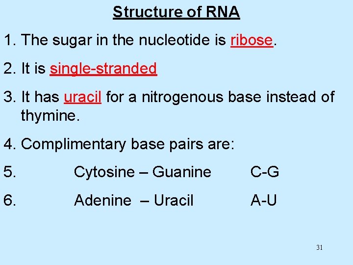 Structure of RNA 1. The sugar in the nucleotide is ribose. 2. It is