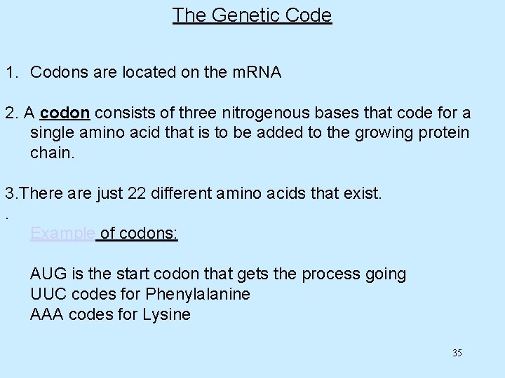 The Genetic Code 1. Codons are located on the m. RNA 2. A codon