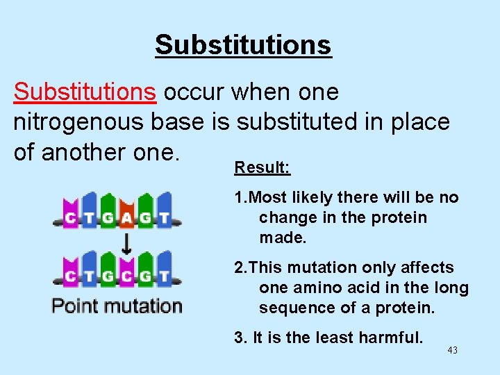 Substitutions occur when one nitrogenous base is substituted in place of another one. Result: