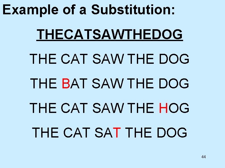 Example of a Substitution: THECATSAWTHEDOG THE CAT SAW THE DOG THE BAT SAW THE