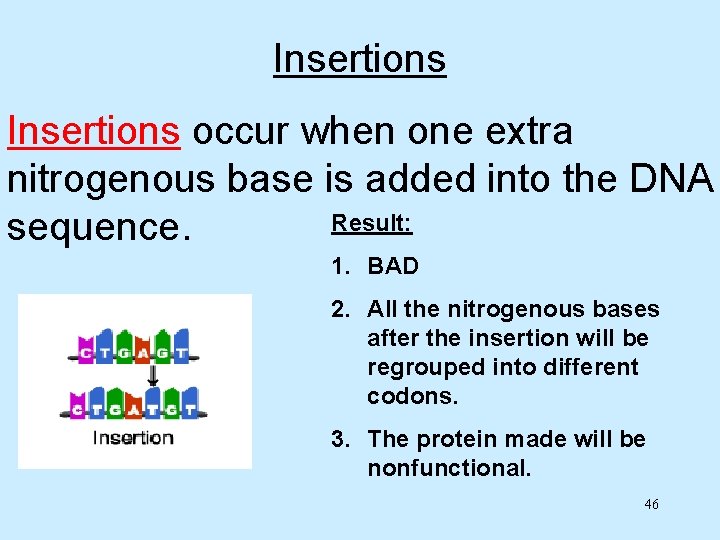 Insertions occur when one extra nitrogenous base is added into the DNA Result: sequence.