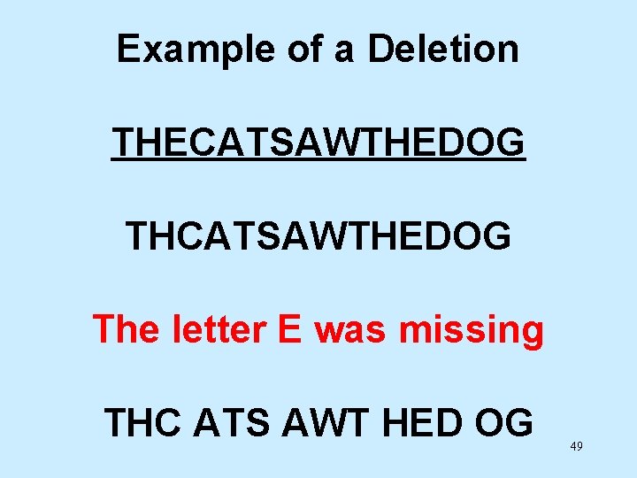 Example of a Deletion THECATSAWTHEDOG THCATSAWTHEDOG The letter E was missing THC ATS AWT