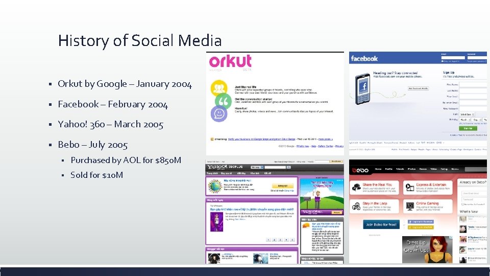 History of Social Media § Orkut by Google – January 2004 § Facebook –
