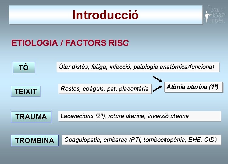 Introducció ETIOLOGIA / FACTORS RISC TÒ Úter distès, fatiga, infecció, patologia anatòmica/funcional Atònia uterina