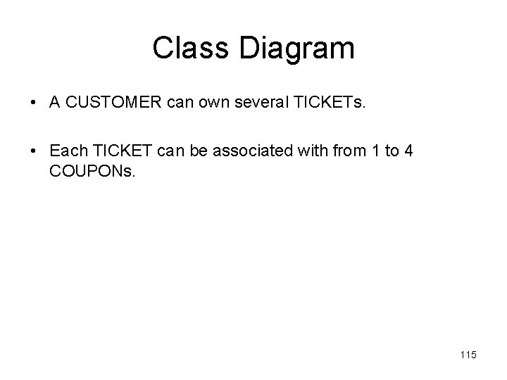 Class Diagram • A CUSTOMER can own several TICKETs. • Each TICKET can be