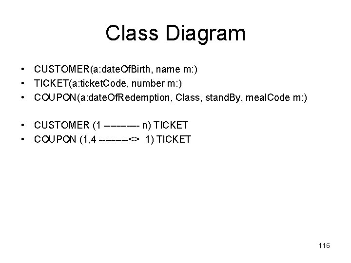 Class Diagram • CUSTOMER(a: date. Of. Birth, name m: ) • TICKET(a: ticket. Code,