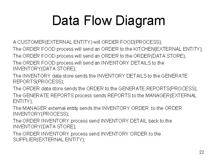 Data Flow Diagram A CUSTOMER(EXTERNAL ENTITY) will ORDER FOOD(PROCESS); The ORDER FOOD process will