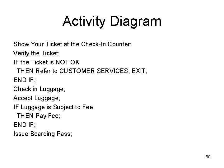 Activity Diagram Show Your Ticket at the Check-In Counter; Verify the Ticket; IF the
