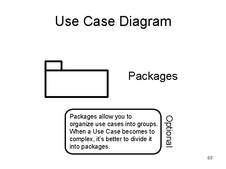 Use Case Diagram Packages O pt ional Packages allow you to organize use cases