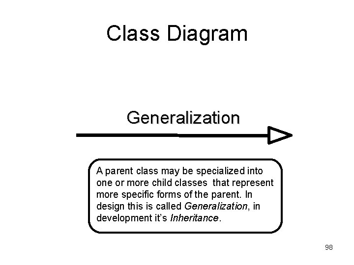 Class Diagram Generalization A parent class may be specialized into one or more child