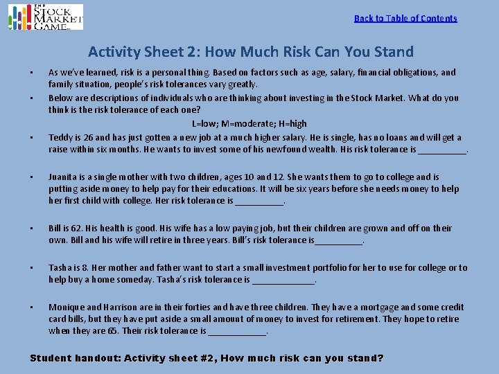 Back to Table of Contents Activity Sheet 2: How Much Risk Can You Stand
