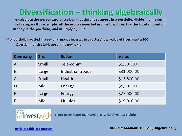  • Diversification – thinking algebraically To calculate the percentage of a given investment