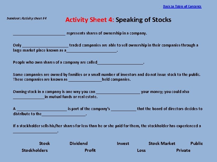Back to Table of Contents handout: Activity sheet #4 Activity Sheet 4: Speaking of