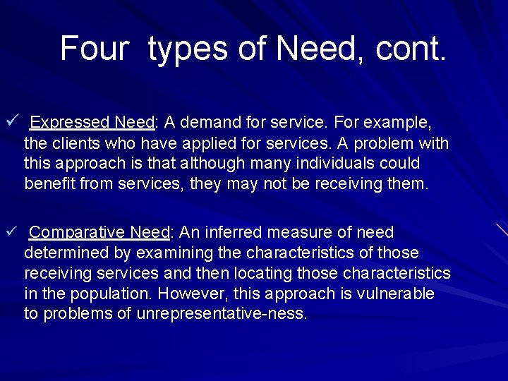 Four types of Need, cont. ü Expressed Need: A demand for service. For example,