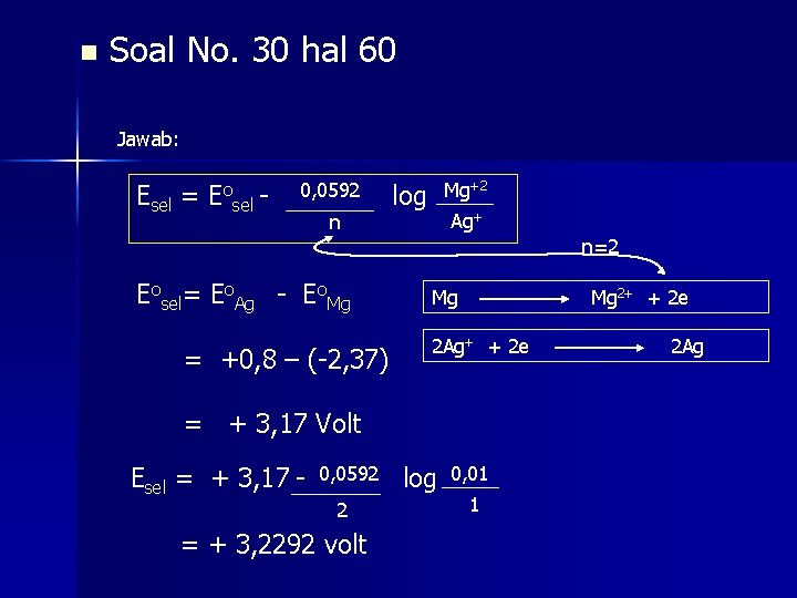 n Soal No. 30 hal 60 Jawab: Esel = Eosel - 0, 0592 n