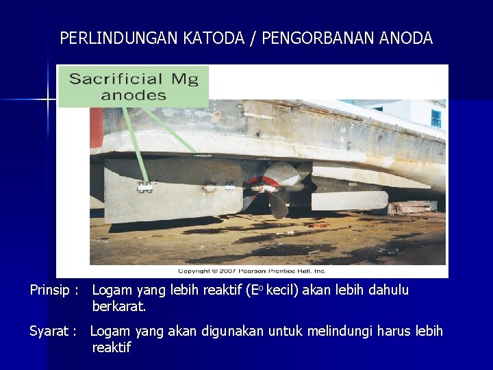 PERLINDUNGAN KATODA / PENGORBANAN ANODA Prinsip : Logam yang lebih reaktif (Eo kecil) akan