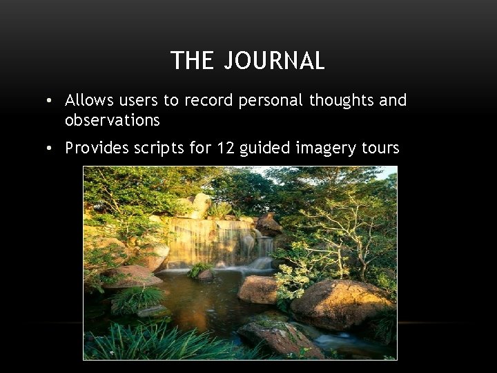 THE JOURNAL • Allows users to record personal thoughts and observations • Provides scripts
