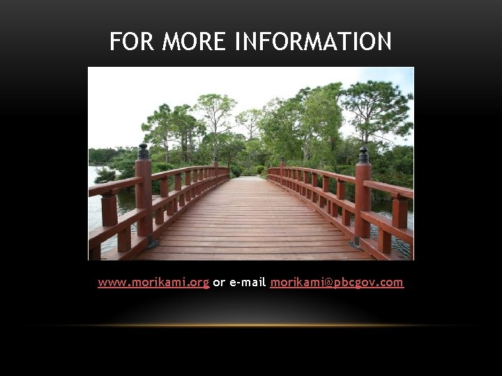 FOR MORE INFORMATION www. morikami. org or e-mail morikami@pbcgov. com 