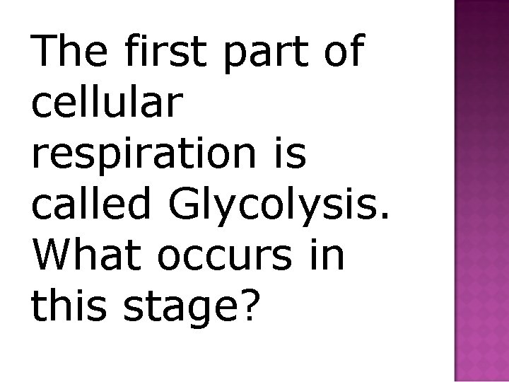 The first part of cellular respiration is called Glycolysis. What occurs in this stage?