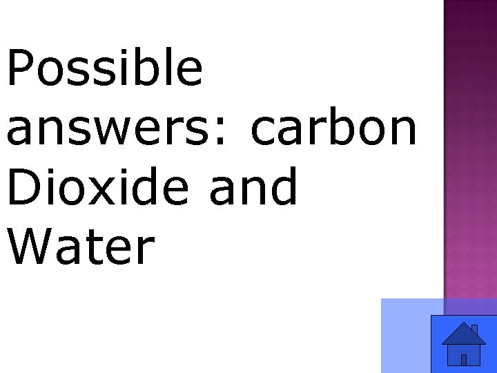 Possible answers: carbon Dioxide and Water 