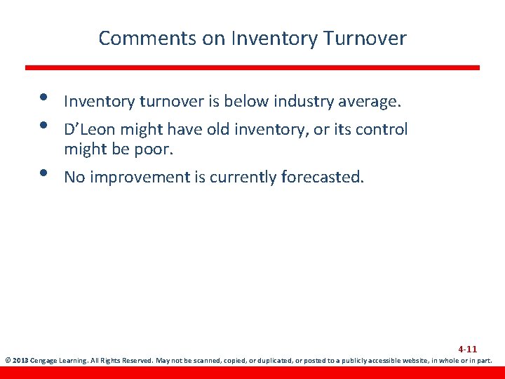 Comments on Inventory Turnover • • Inventory turnover is below industry average. • No