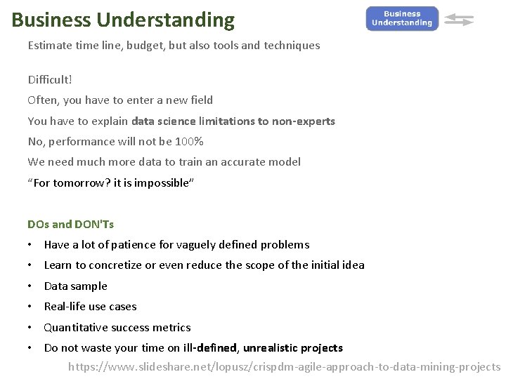 Business Understanding Estimate time line, budget, but also tools and techniques Difficult! Often, you