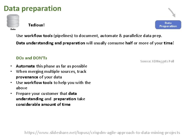 Data preparation Tedious! Use workflow tools (pipelines) to document, automate & parallelize data prep.