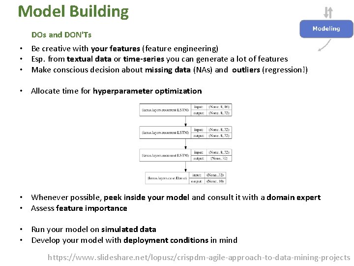 Model Building DOs and DON'Ts • Be creative with your features (feature engineering) •