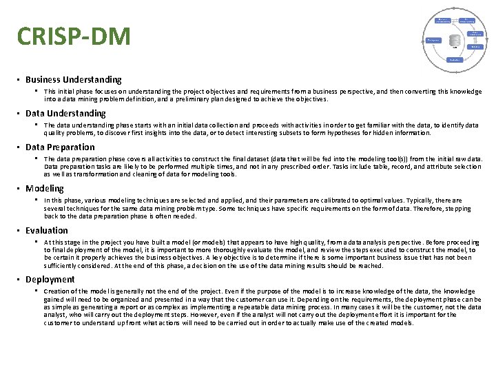 CRISP-DM • Business Understanding • This initial phase focuses on understanding the project objectives