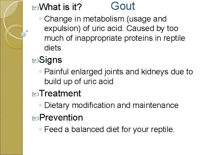  What is it? Gout ◦ Change in metabolism (usage and expulsion) of uric