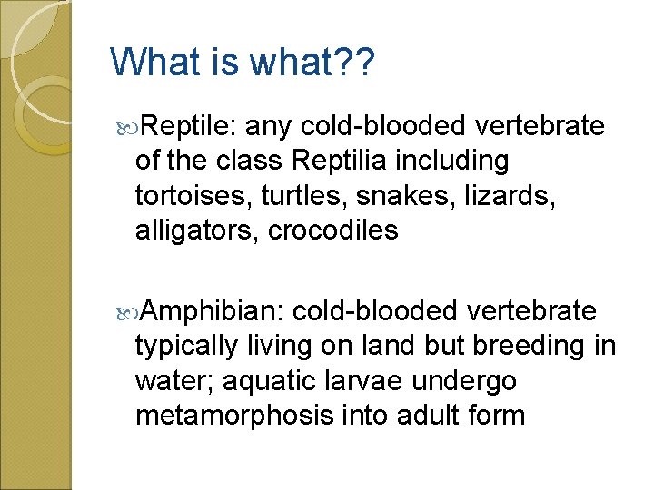 What is what? ? Reptile: any cold-blooded vertebrate of the class Reptilia including tortoises,