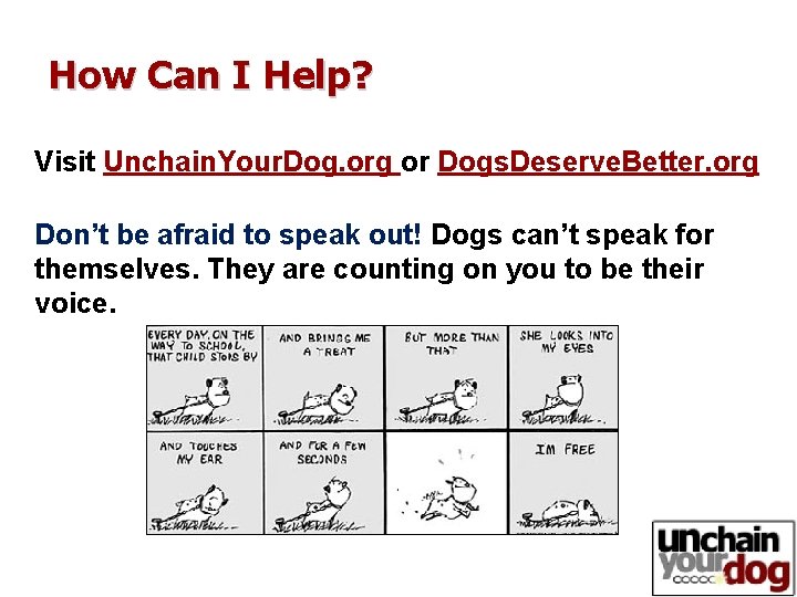 How Can I Help? Visit Unchain. Your. Dog. org or Dogs. Deserve. Better. org