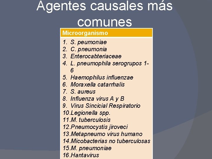 Agentes causales más comunes Microorganismo 1. 2. 3. 4. S. peumoniae C. pneumonia Enterocabteriaceae