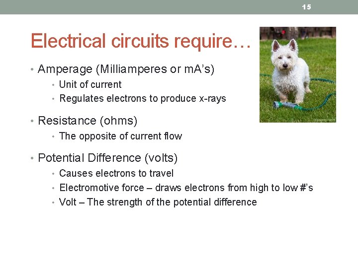 15 Electrical circuits require… • Amperage (Milliamperes or m. A’s) • Unit of current