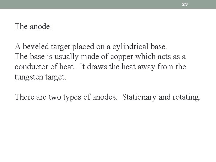 29 The anode: A beveled target placed on a cylindrical base. The base is