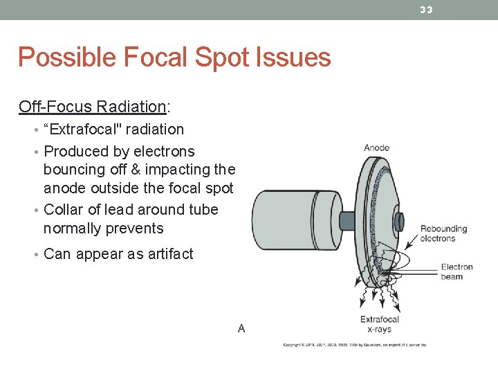 33 Possible Focal Spot Issues Off-Focus Radiation: • “Extrafocal" radiation • Produced by electrons