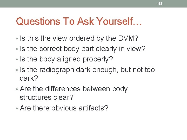 43 Questions To Ask Yourself… • Is this the view ordered by the DVM?