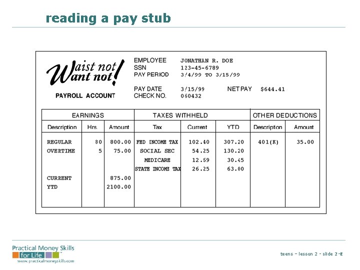 reading a pay stub teens – lesson 2 - slide 2 -E 