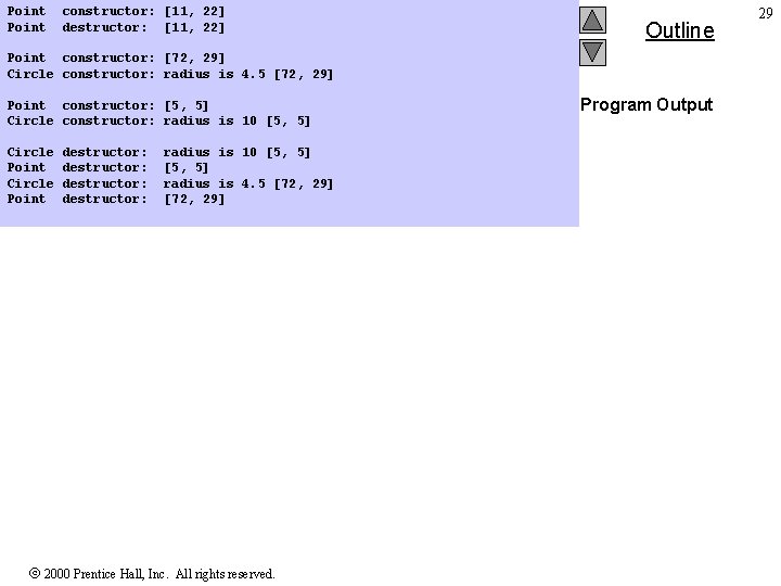Point constructor: [11, 22] destructor: [11, 22] Outline Point constructor: [72, 29] Circle constructor: