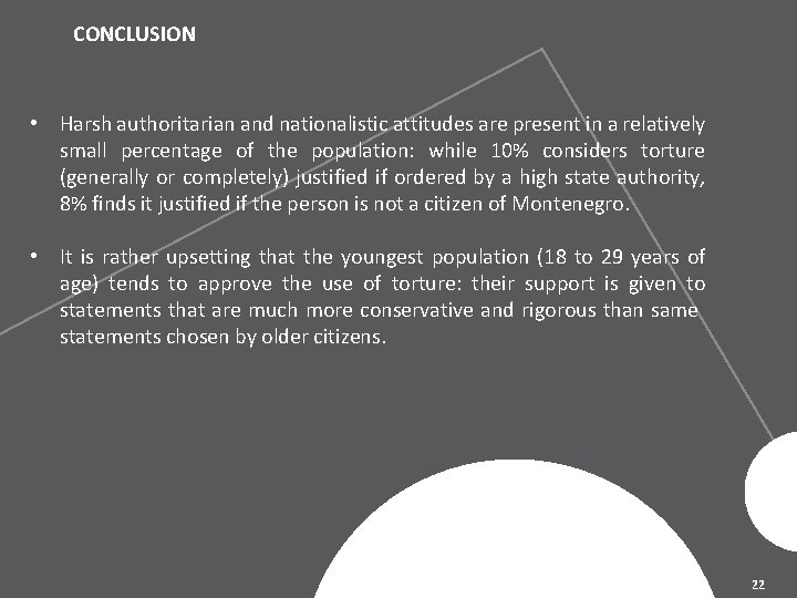 CONCLUSION • Harsh authoritarian and nationalistic attitudes are present in a relatively small percentage
