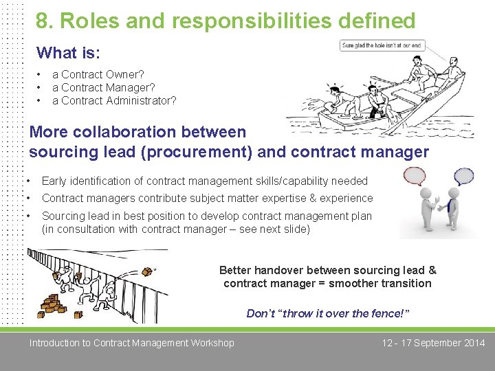 8. Roles and responsibilities defined What is: • • • a Contract Owner? a