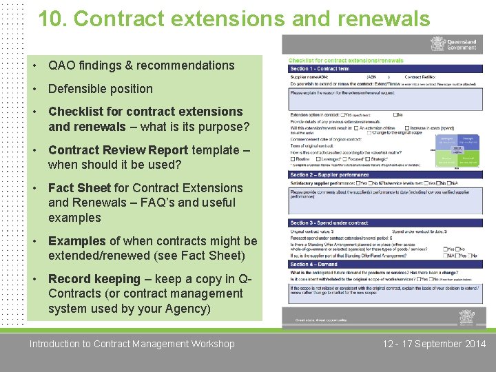 10. Contract extensions and renewals • QAO findings & recommendations • Defensible position •