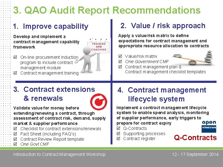 3. QAO Audit Report Recommendations 1. Improve capability 2. Value / risk approach Develop