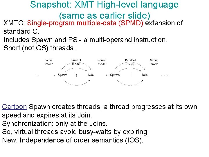 Snapshot: XMT High-level language (same as earlier slide) XMTC: Single-program multiple-data (SPMD) extension of