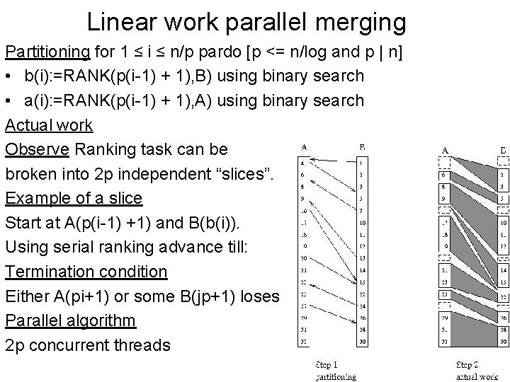 Linear work parallel merging Partitioning for 1 ≤ i ≤ n/p pardo [p <=