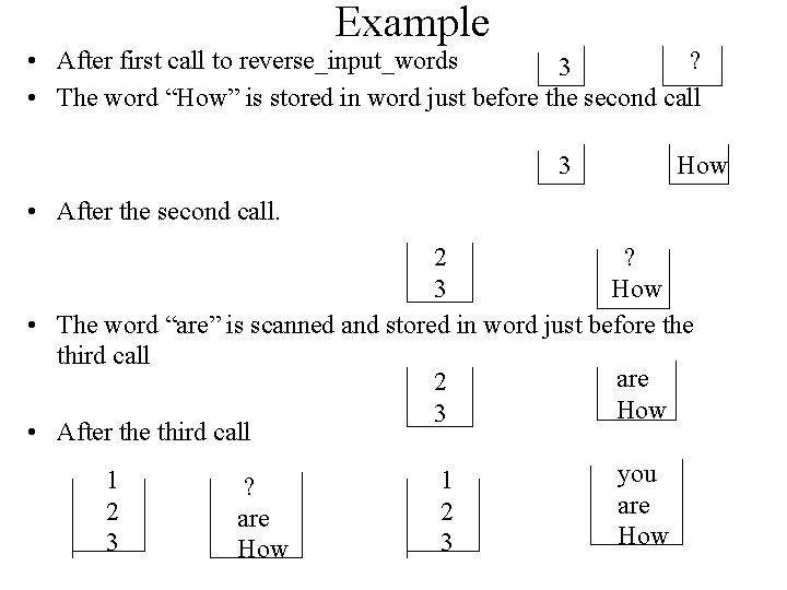Example ? • After first call to reverse_input_words 3 • The word “How” is