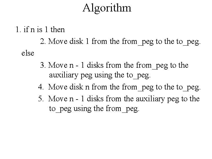 Algorithm 1. if n is 1 then 2. Move disk 1 from the from_peg