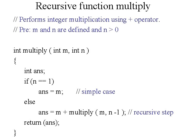 Recursive function multiply // Performs integer multiplication using + operator. // Pre: m and